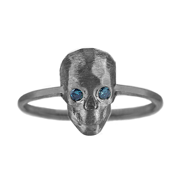 0.06tcw Bezel Round Blue Diamond in 925 Black Rhodium Sterling Silver Skull Statement Ring
