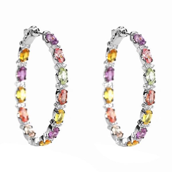 7.59tcw Rainbow Sapphire & Diamond in 18K  White Gold Oval Hoop Earrings