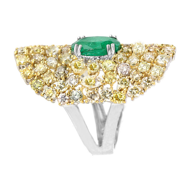 7.97tcw Emerald with Fancy Diamonds in 18K Gold Cocktail Ring