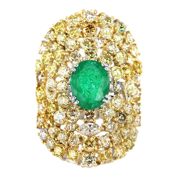 7.97tcw Emerald with Fancy Diamonds in 18K Gold Cocktail Ring