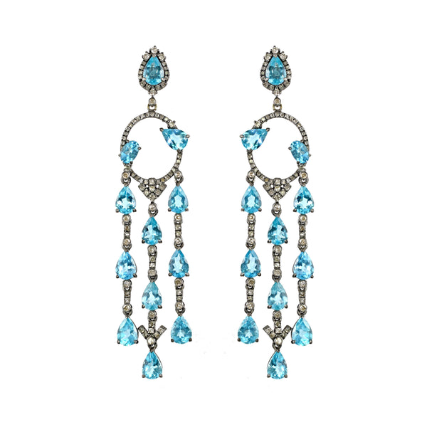 18.58tcw Pear Shape Blue Apatite with Diamonds in 925 Sterling Silver Chandelier Earrings