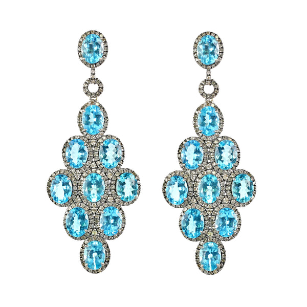 27.55tcw Oval Blue Apatite with Diamonds in 925 Sterling Silver Chandelier Earrings