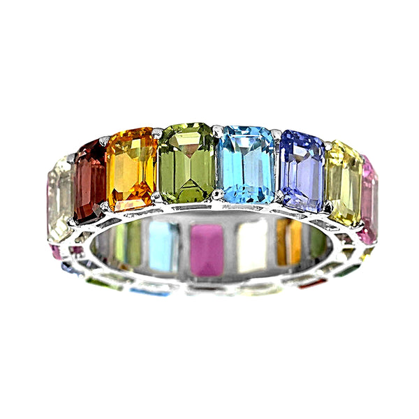 10tcw Emerald-Cut Floating Rainbow Sapphire in Gold Eternity Band