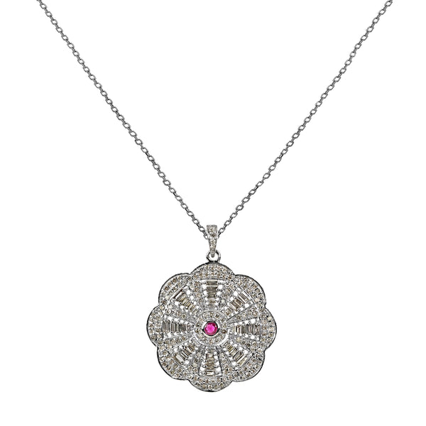 1.95tcw Pink Sapphire & Diamonds in 925 Sterling Silver Flower Pendant Necklace