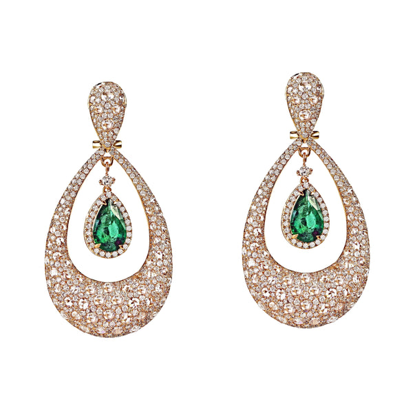 19.22tcw Emerald & Diamonds in 18K Rose Gold Drop Earrings