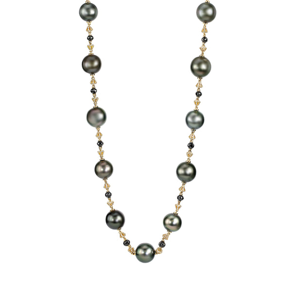 13mm Genuine Tahitian Pearl with 22.15tcw Diamonds in 18K Gold Opera Necklace 36"