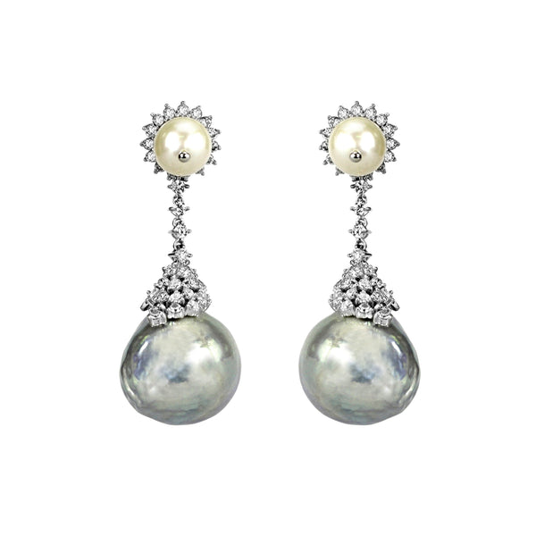 1.43tcw Round Diamonds in 18K White Gold Fresh Water Pearl Statement Dangle Earrings