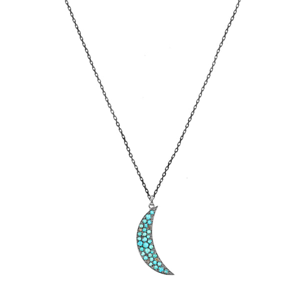 3.15tcw Turquoise & Fancy Diamonds in 925 Silver Crescent Moon Pendant Necklace