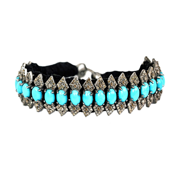 13.74ct Turquoise & Diamonds in 925 Sterling Silver Black Thread Bracelet 7"