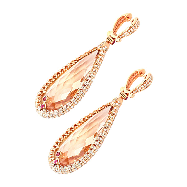 114.57tcw Pear Morganite with Diamonds & Ruby in 18K Rose Gold Dangle Drop Earrings