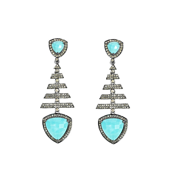 8.73tcw Turquoise & Diamonds in 925 Silver Fish Bone Dangle Earrings