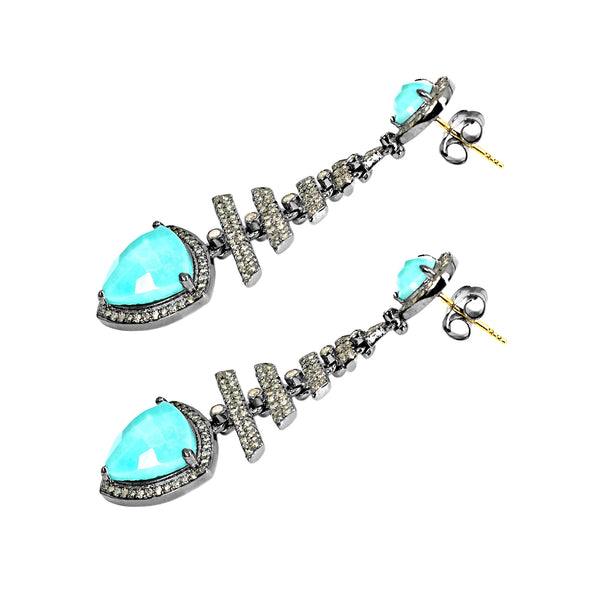 8.73tcw Turquoise & Diamonds in 925 Silver Fish Bone Dangle Earrings