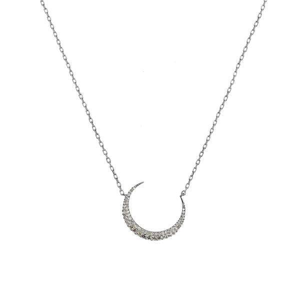 0.95ct Pavé Round Diamonds in 925 Sterling Silver Crescent Moon Charm Necklace 18"