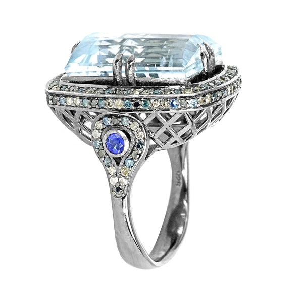 15.45tcw Aquamarine & Gemstones in 925 Sterling Silver Cocktail Ring