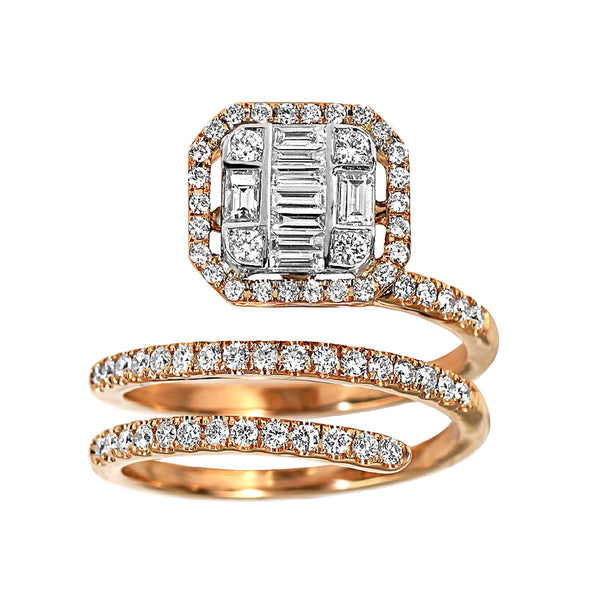 0.91tcw Round & Baguette Diamonds in 18K Rose Gold Wrap Ring