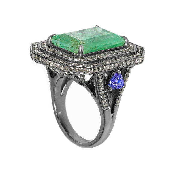 10.33tcw Zambian Emerald with Diamond & Tanzanite in 925 Sterling Silver Cocktail Ring