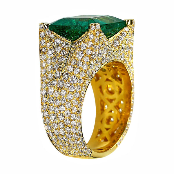 10.29tcw Colombian Emerald with Diamonds in 18K Yellow Gold Cocktail Ring