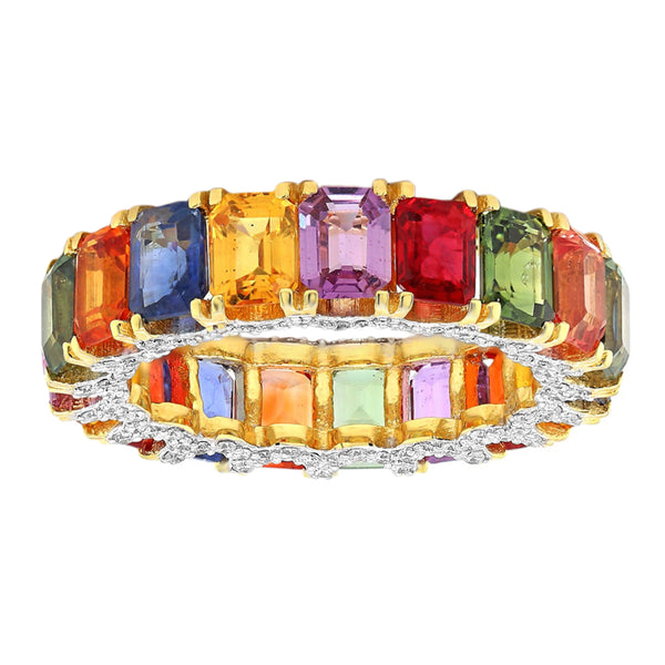 11.33tcw Emerald-Cut Floating Rainbow Sapphire with Diamonds in 18K Yellow Gold Eternity Band