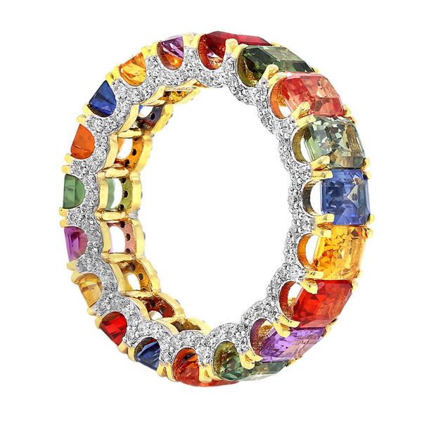 11.33tcw Emerald-Cut Floating Rainbow Sapphire with Diamonds in 18K Yellow Gold Eternity Band