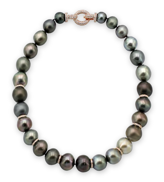 13mm Genuine Tahitian Pearl with 3.90ct Diamonds 18K Rose Gold Necklace 16"
