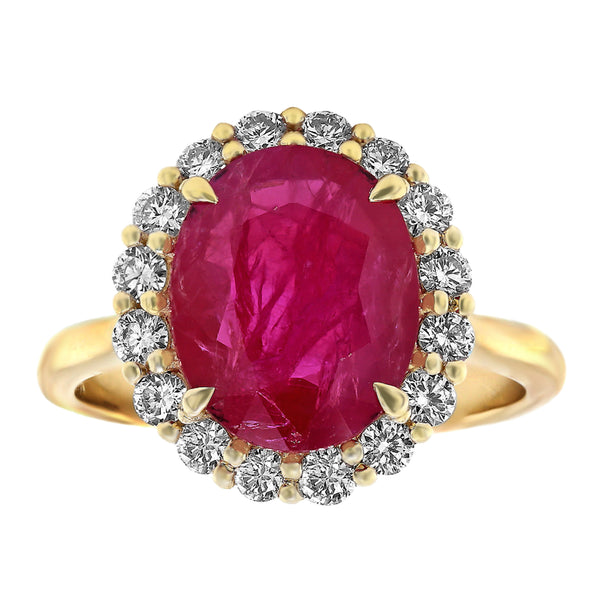 2.98tcw Oval Ruby with Diamonds in 18K Yellow Gold Halo Ring
