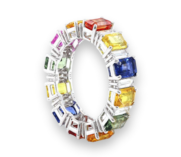 9.48tcw Rainbow Sapphires with Diamonds in 18K White Gold Eternity Band