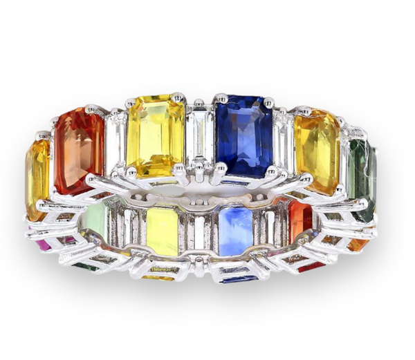 9.48tcw Rainbow Sapphires with Diamonds in 18K White Gold Eternity Band