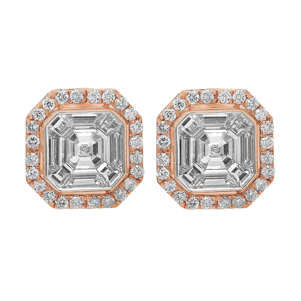 4.07tcw Baguette & Round Diamonds in 18K Rose Gold Art Deco Stud Earrings