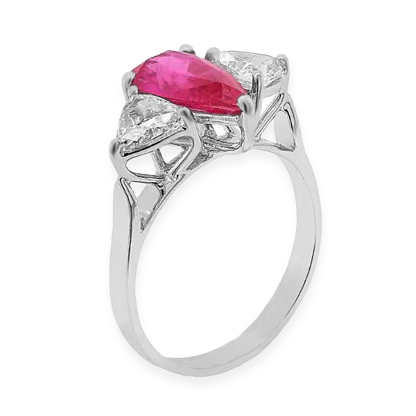 3.00tcw Pear-Shape Ruby with Diamonds in 18K White Gold Three Stone Anniversary Ring