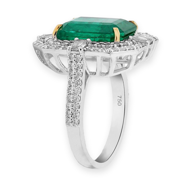 6.12tcw Emerald with Diamonds in 18K White Gold Cocktail Ring