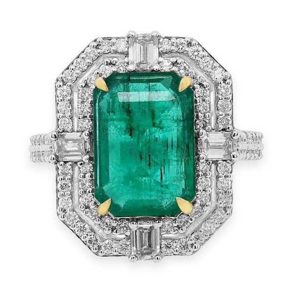 6.12tcw Emerald with Diamonds in 18K White Gold Cocktail Ring