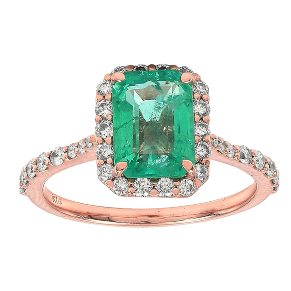 2.24tcw Colombian Emerald with Diamonds in 14K Rose Gold Halo Solitaire Ring