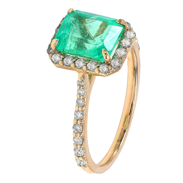 2.24tcw Colombian Emerald with Diamonds in 14K Yellow Gold Halo Solitaire Ring