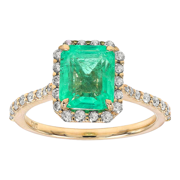 2.24tcw Colombian Emerald with Diamonds in 14K Yellow Gold Halo Solitaire Ring