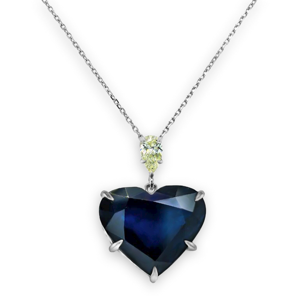 17.88tcw Heart Blue Sapphire with Diamond in 18K White Gold Necklace 18"