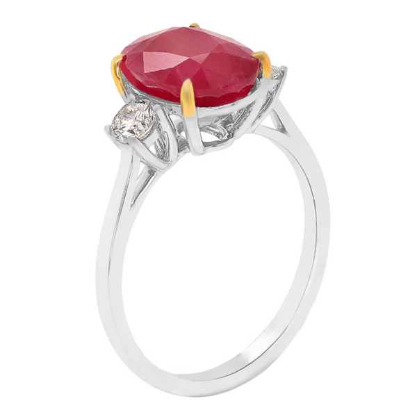 4.68tcw Oval Ruby with Diamonds in 18K White Gold Three-Stone Ring