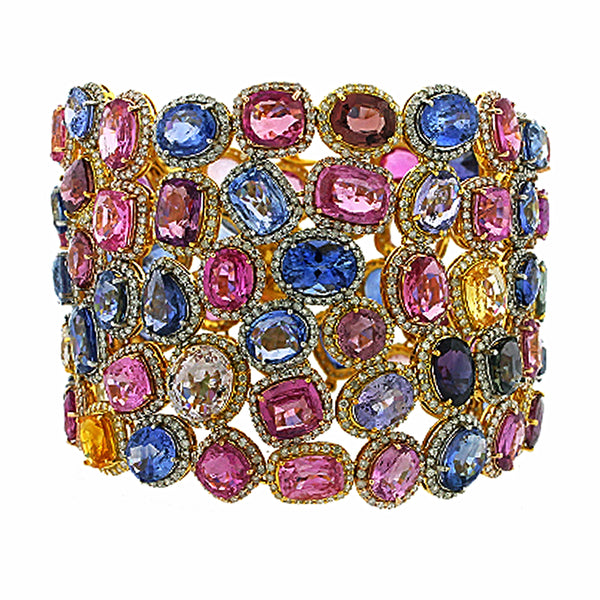 162.78tcw Rainbow Sapphires & Diamonds in 18K Yellow Gold Cluster Gemstone Wide Bracelet 7.5"