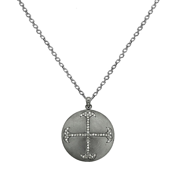 0.68ct Pavé Diamonds in 925 Sterling Silver Cross Round Medallion Charm Necklace