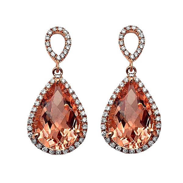 7.70tcw Pear Morganite with Diamonds in 14K Rose Gold Dangle Drop Earrings