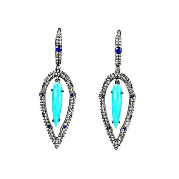4.57tcw Turquoise, Diamonds & Sapphire in 925 Silver Tear Drop Dangle Earrings