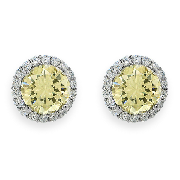 6.91tcw Light Yellow Round Diamonds in 18K White Gold Halo Stud Earrings