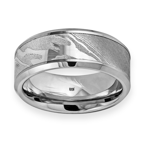 Tungsten Mokume Grain Pattern  Beveled Edge 9mm Men's Ring