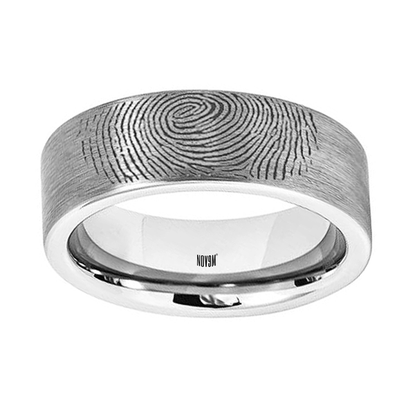 Tungsten Brushed Pipe-Cut Unique Personal Thumbprint 8mm Band Ring
