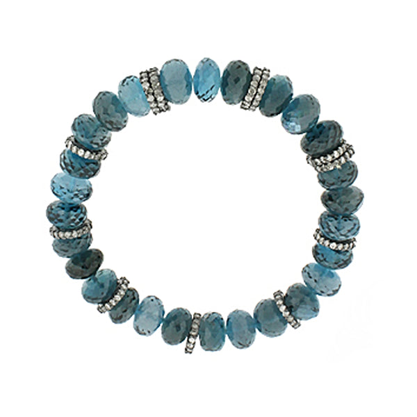 3.12ct Pavé Fancy Diamonds in 925 Silver Faceted London Blue Topaz Beads Stretch Bracelet 6.5"