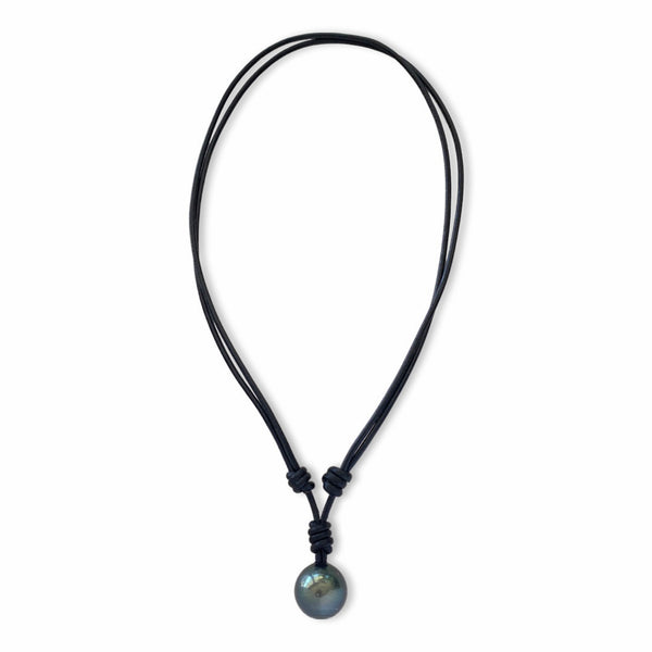 16mm Genuine Goutte Baroque Tahitian Pearl in Black Greek Leather Necklace