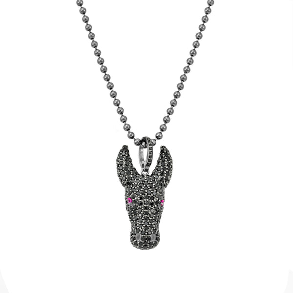 2.82ct Pavé Black Diamonds & Ruby in 925 Sterling Silver Tamaraw Buffalo Men's Pendant Necklace
