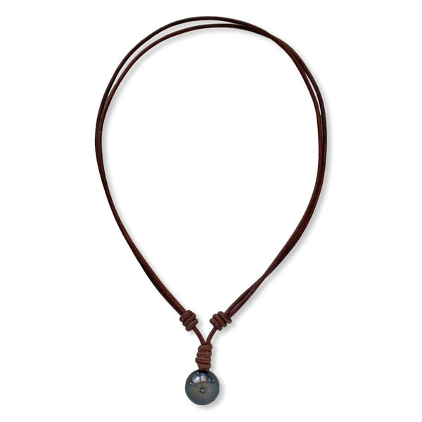 16mm Genuine Goutte Baroque Tahitian Pearl in Brown Greek Leather Necklace