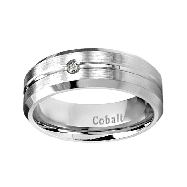 0.05ct White Diamond in Grooved Center Cobalt Chrome Wedding Band Ring