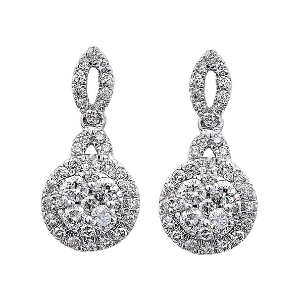 0.88ct Diamonds in 14K White Gold Halo Dangle Earrings