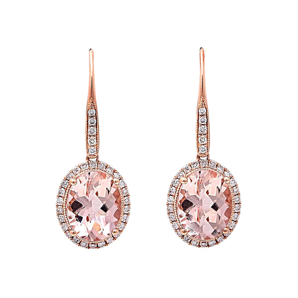 3.41 Oval Morganite & Diamonds in 14K Rose Gold Dangle Earrings